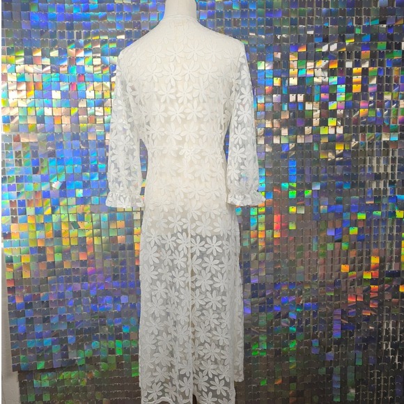 Ember Floral Lace Duster Cardigan Womens Medium White Sheer Tie Front Maxi Boho - Picture 7 of 10